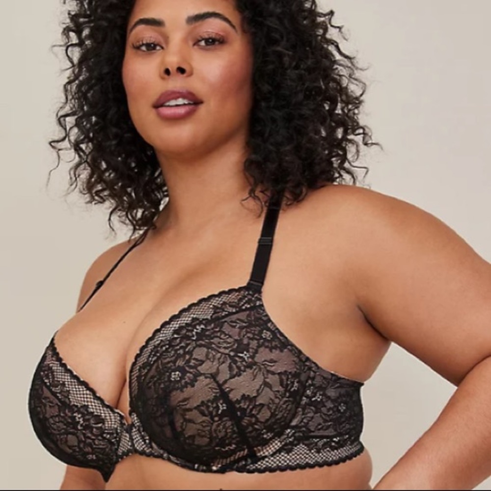 Torrid black lace over nude front close racer back bra size various C cups